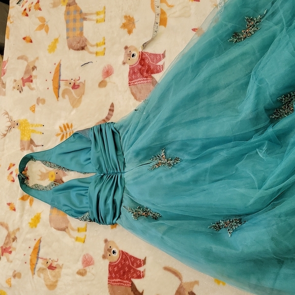 🤎 PROM TULLE LACE V BRONZE HALTER FORMAL GREEN BLUE MERMAID GRUNGE ROCK GOWN - Picture 7 of 8